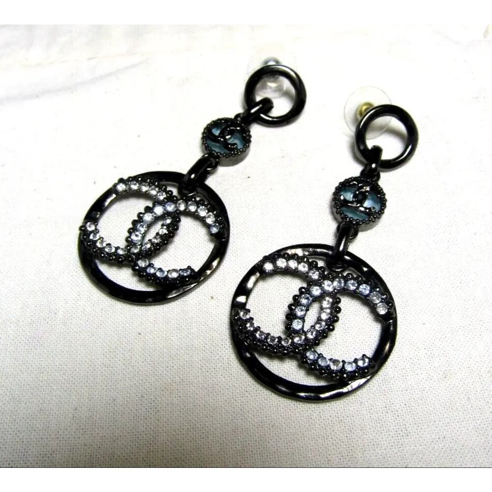 Chanel C19 Crystal CC Logo Black Metal Dangle Drop Earrings